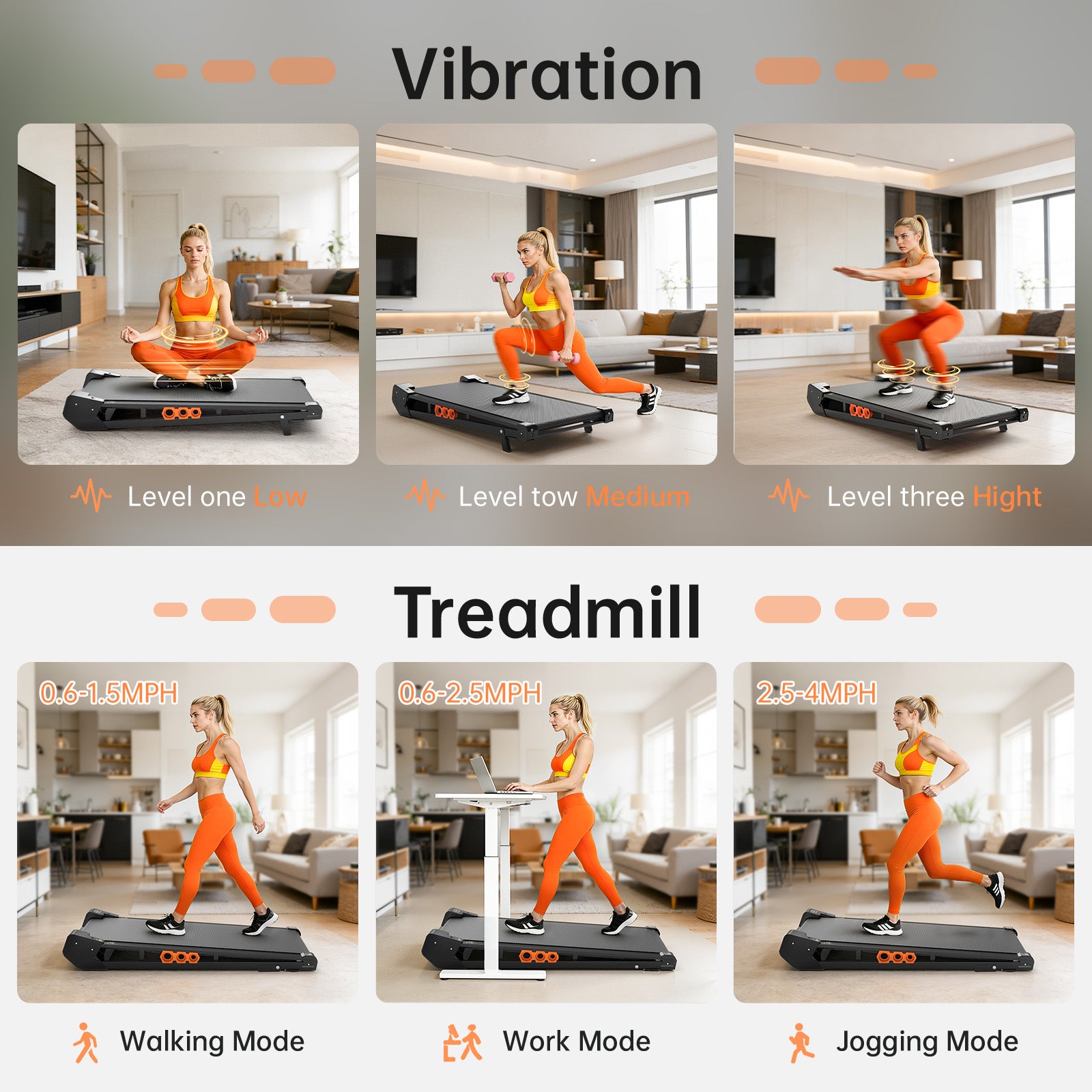 TM025 2-in-1 Walking Pad Treadmill with Vibration Plate, Brushless Motor for Quiet Home Use