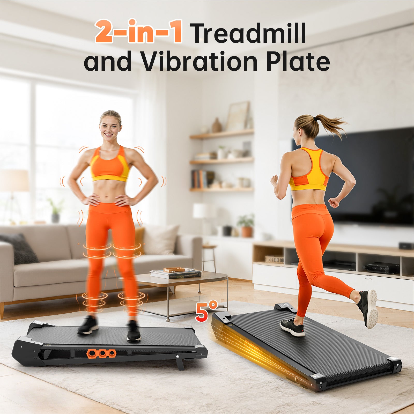 TM025 2-in-1 Walking Pad Treadmill with Vibration Plate, Brushless Motor for Quiet Home Use